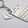 Close-up of engraved name charm and highlighted date on stainless steel calendar keychain
