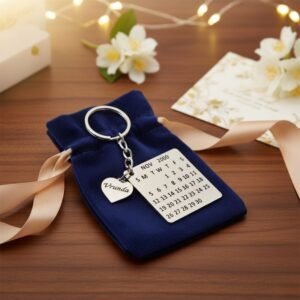 Gift box packaging with personalized calendar date keychain tied with ribbon