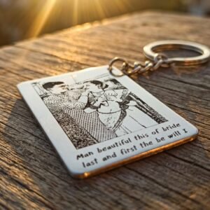 Personalized Photo and Text Engraved Metal Keychain golden-hour-cinematic