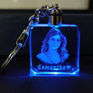 A personalized square crystal multi-colour keychain with the photo of a smiling couple on it