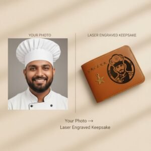Before and after example showing your photo transformed into a laser-engraved keepsake wallet — upload any image to customize.