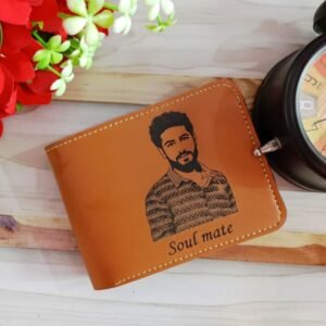 Brown leather wallet engraved with a portrait