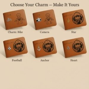 Choose your charm — personalized engraved wallets with options such as bike, camera, star, football, anchor, and heart — can be engraved with your provided image.
