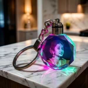 Personalized Octagonal Crystal Keychain Multicolor LED Light - Custom Gift architectural-luxury