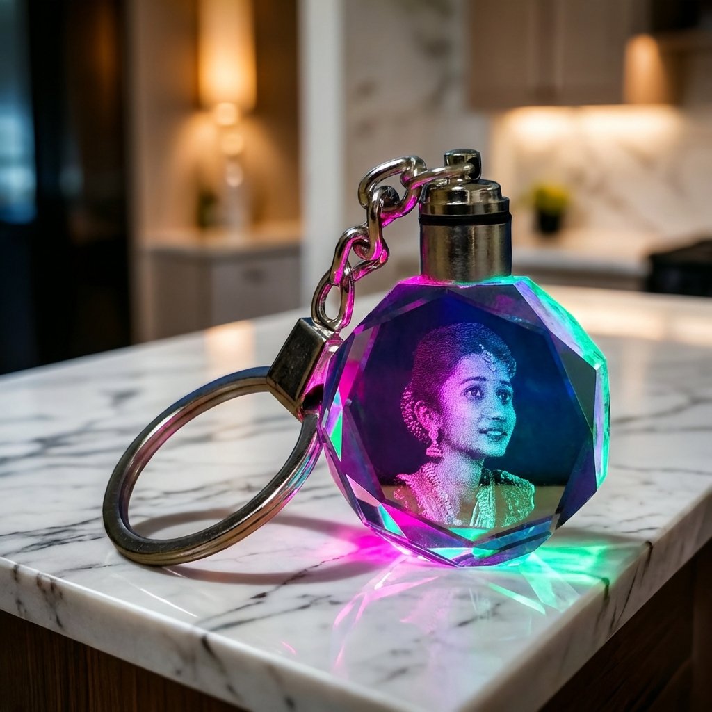 Personalized Octagonal Crystal Keychain Multicolor LED Light - Custom Gift architectural-luxury