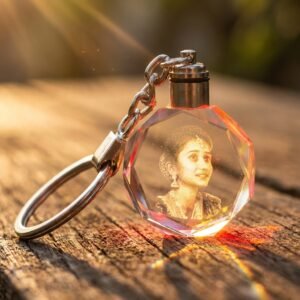 Personalized Octagonal Crystal Keychain Multicolor LED Light - Custom Gift golden-hour-cinematic
