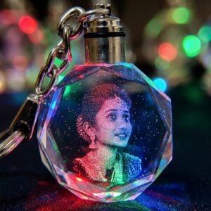 Personalized Octagonal Crystal Keychain Multicolor LED Light - Custom Gift macro-detail-brilliance