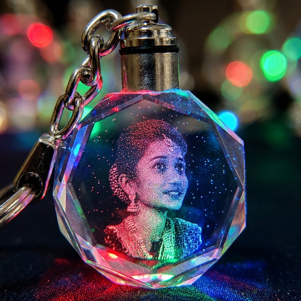 Personalized Octagonal Crystal Keychain Multicolor LED Light - Custom Gift macro-detail-brilliance