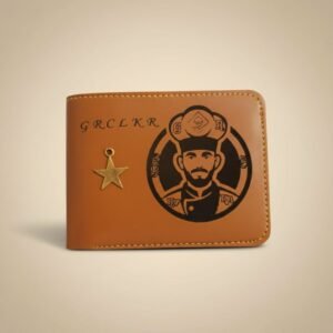Personalized leather wallet with chef engraving and star charm — customizable with your own photo and name.