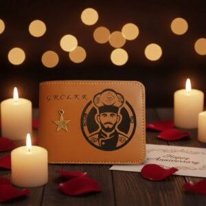 Romantic candlelight setup showcasing engraved wallet with star charm — perfect personalized anniversary gift with your uploaded photo.
