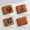 Set of four personalized wallets featuring engraved photos and charms like heart, star, and compass — customizable with your photo and charm selection.