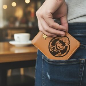 Stylish engraved brown leather wallet with star charm placed in jeans pocket — personalized with the image you provide.