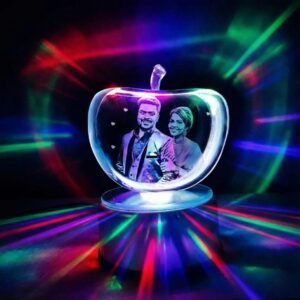 Apple-shaped LED crystal lamp with engraved couple photo, multi-color RGB lighting effect, personalized romantic night light gift.