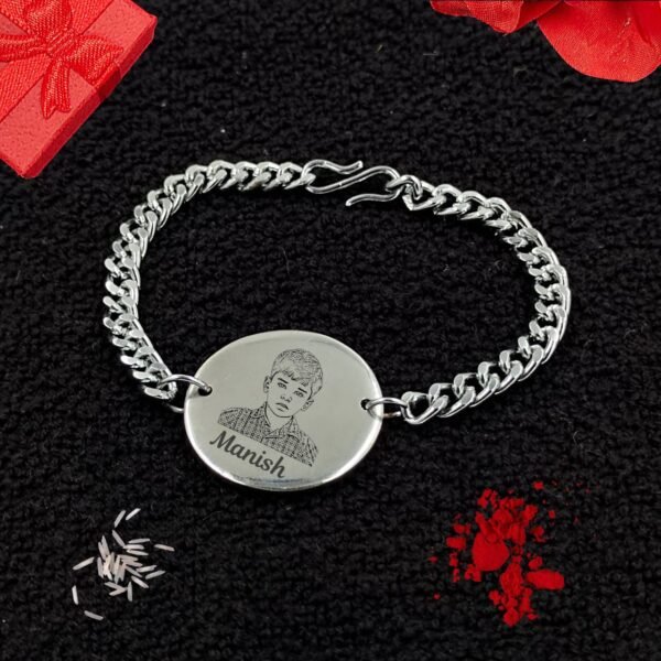 A personalized picture engraved bracelet with the photo of a smiling couple on the metal plate