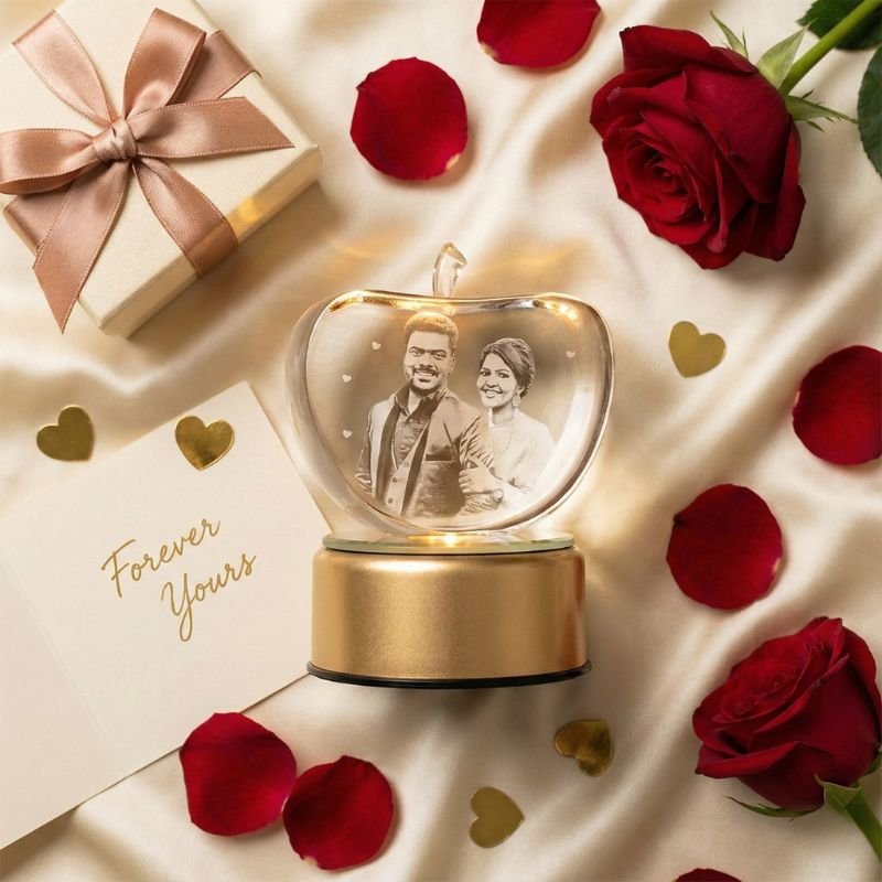 Personalized apple-shaped 3D crystal lamp with couple photo engraved, glowing warm yellow light, romantic gift setup with roses and gift box.