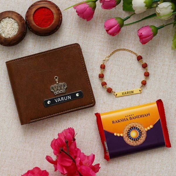 Shop Personalized Men's Wallet, Choclate and Metal Rudraksha Rakhi