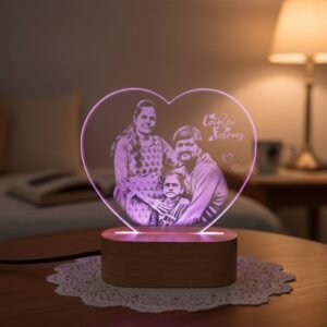 Customized heart LED photo lamp with engraved couple image displayed as a personalized romantic gift
