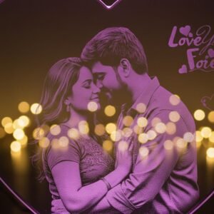 Customized heart-shaped LED acrylic lamp with engraved family photo and “Love You Forever” text on wooden base