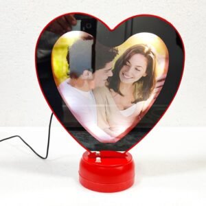 Personalized Red Magic Mirror Photo Frame with LED lights and night lamp functionality. Great for personalized gifts for men, women, birthdays, weddings, and more. Use with battery or USB connection.
