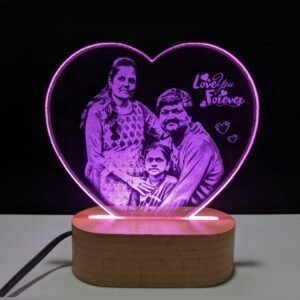 Love Shape 2D Engraved Crystal with Wooden Light Base for Valentine's Day