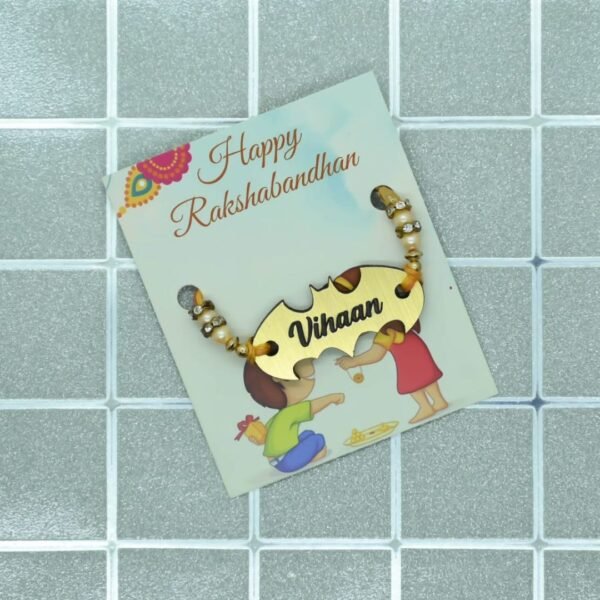 Personalized Rakhi Combo for Kids with Batman or Square Acrylic Rakhi, Gems, Roli and Kumkum, and Premium Box Packing - Image 2