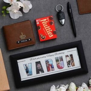 Shop Birthday Combo for Him with Wallet, Name frame, LED Keychain, Metal Pen, Nutties