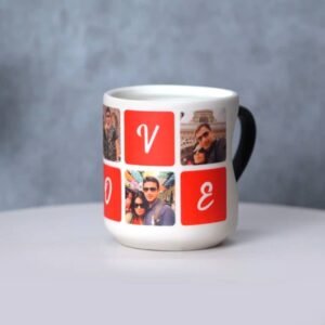 A ceramic mug with heart shape handle, it reveals a personalized Picture or message when filled with hot liquid, suitable for hot and cold drinks, perfect gift for Valentine's Day, anniversary, or just because.