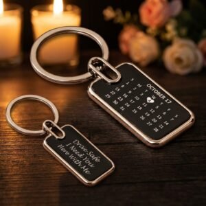 Custom Drive Safe and Metal Calendar Keychain - Personalized Keychain with Calendar and Text Engraving. anniversary-dinner