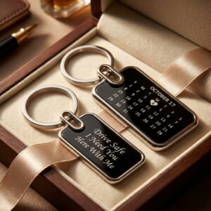 Custom Drive Safe and Metal Calendar Keychain - Personalized Keychain with Calendar and Text Engraving. luxury-gift-box