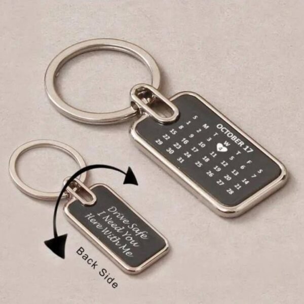 Custom Drive Safe and Metal Calendar Keychain - Personalized Keychain with Calendar and Text Engraving.