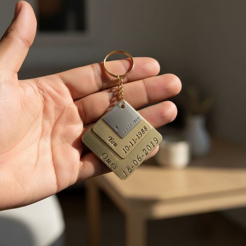 Custom couple keychain with square metal plates and engraved relationship dates, photographed on a black background