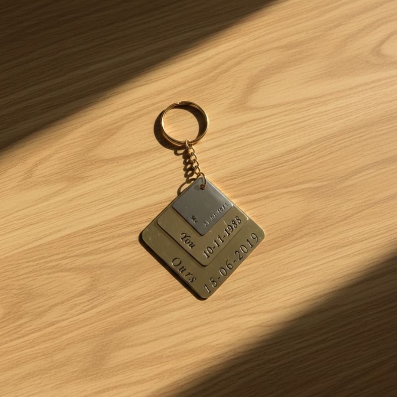 Personalized gold and silver metal couple keychain engraved with names and memorable dates on a beige background