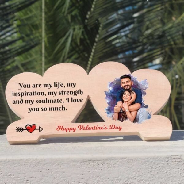 Valentine's Day Gift - Color Printed Double-Heart Wooden Frame with Artistic Image and Heartfelt Quote. The size of the frame is 3x7 inches and it comes with a stand. A perfect unique and thoughtful gift to express your love and affection to your loved one.