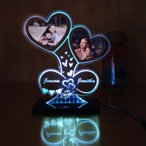 Double Heart Shape Acrylic Lamp with Custom Image, Text and Name