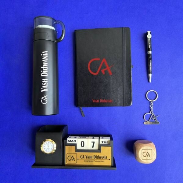 Professional Custom Gift Set - Flask, Diary, Pen Stand, Pen, Keychain & Paper Weight - Image 2