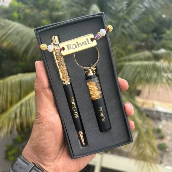 Custom Name Rakhi, Gold Flake Pen, and Keychain Gift Combo