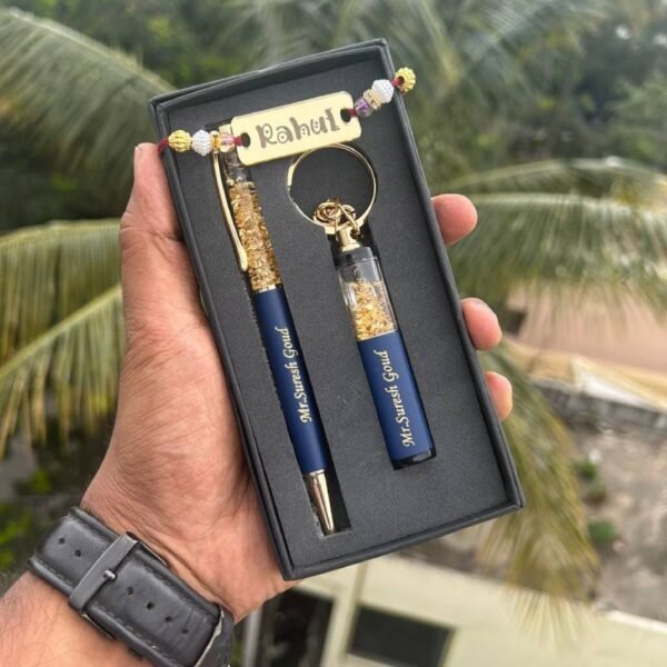 Custom Name Rakhi, Gold Flake Pen, and Keychain Gift Combo
