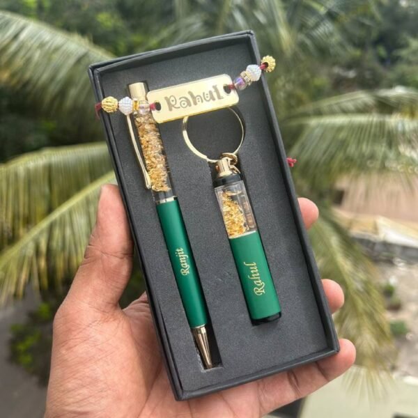 Custom Name Rakhi, Gold Flake Pen, and Keychain Gift Combo
