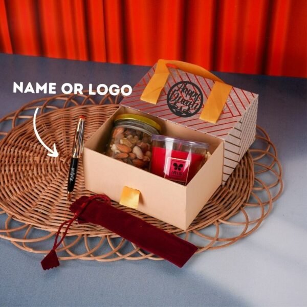 Diwali Gift Basket - Personalized Pen, Dry Fruits, Candle, Cutout