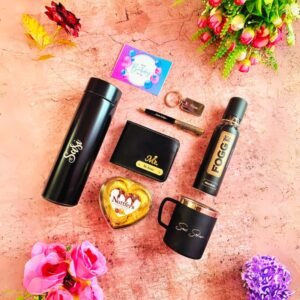 Customized men's birthday gift set in a box with personalized wallet, thermal bottle, mug, and keychain.