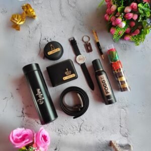Personalized Executive Men's Gift Set with wallet, LED flask, watches, pen, keychain, chocolates, perfume, earphone pouch, and belt displayed in a premium box on ThePreciousGifts.in.