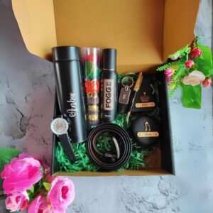 Personalized Executive Men's Gift Set with wallet, LED flask, watches, pen, keychain, chocolates, perfume, earphone pouch, and belt displayed in a premium box on ThePreciousGifts.in.