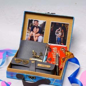Assorted personalized men's gift set with engraved wallet, pen, and custom keepsakes on ThePreciousGifts.in, perfect for birthdays, anniversaries, or Valentine's Day.