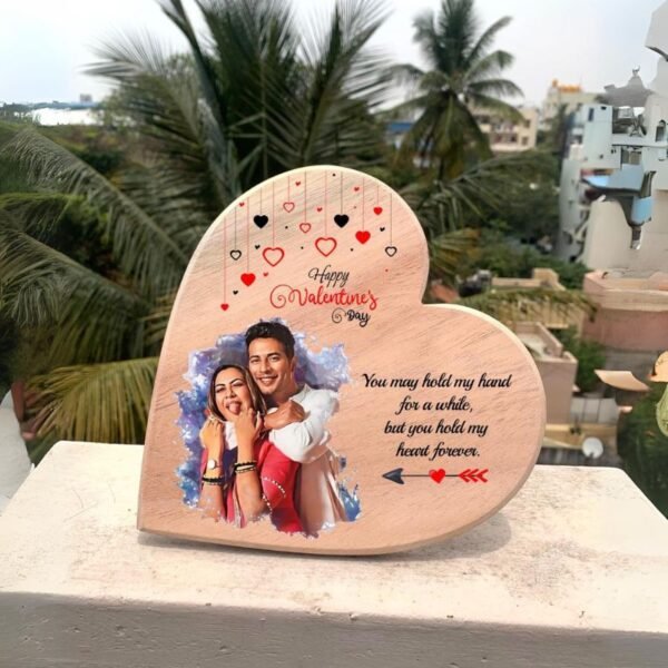Customized wooden heart-shaped plaque with couple's photo and Valentine's Day greetings, ideal for gifting