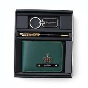 Elegant personalized wallet pen keychain set with gold accents and custom name