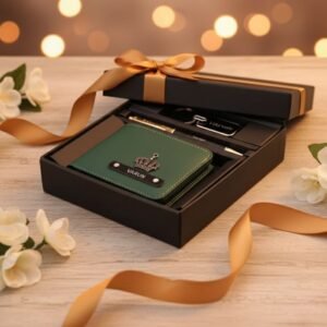 Luxury gift box with golden ribbon and personalized men’s accessory set