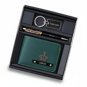 Name engraved wallet, personalized pen and custom keychain displayed individually