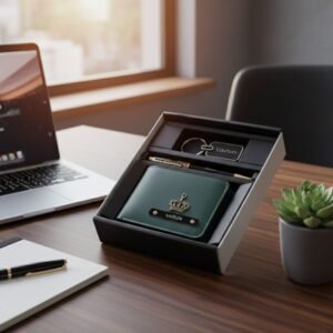 Personalized wallet and accessories gift set placed on office desk near laptop