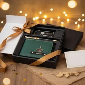Premium executive gift set with engraved wallet, pen and keychain in luxury gift box with ribbon