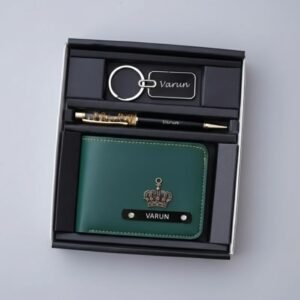 Top-view of executive gift set wallet, pen, and keychain inside black box